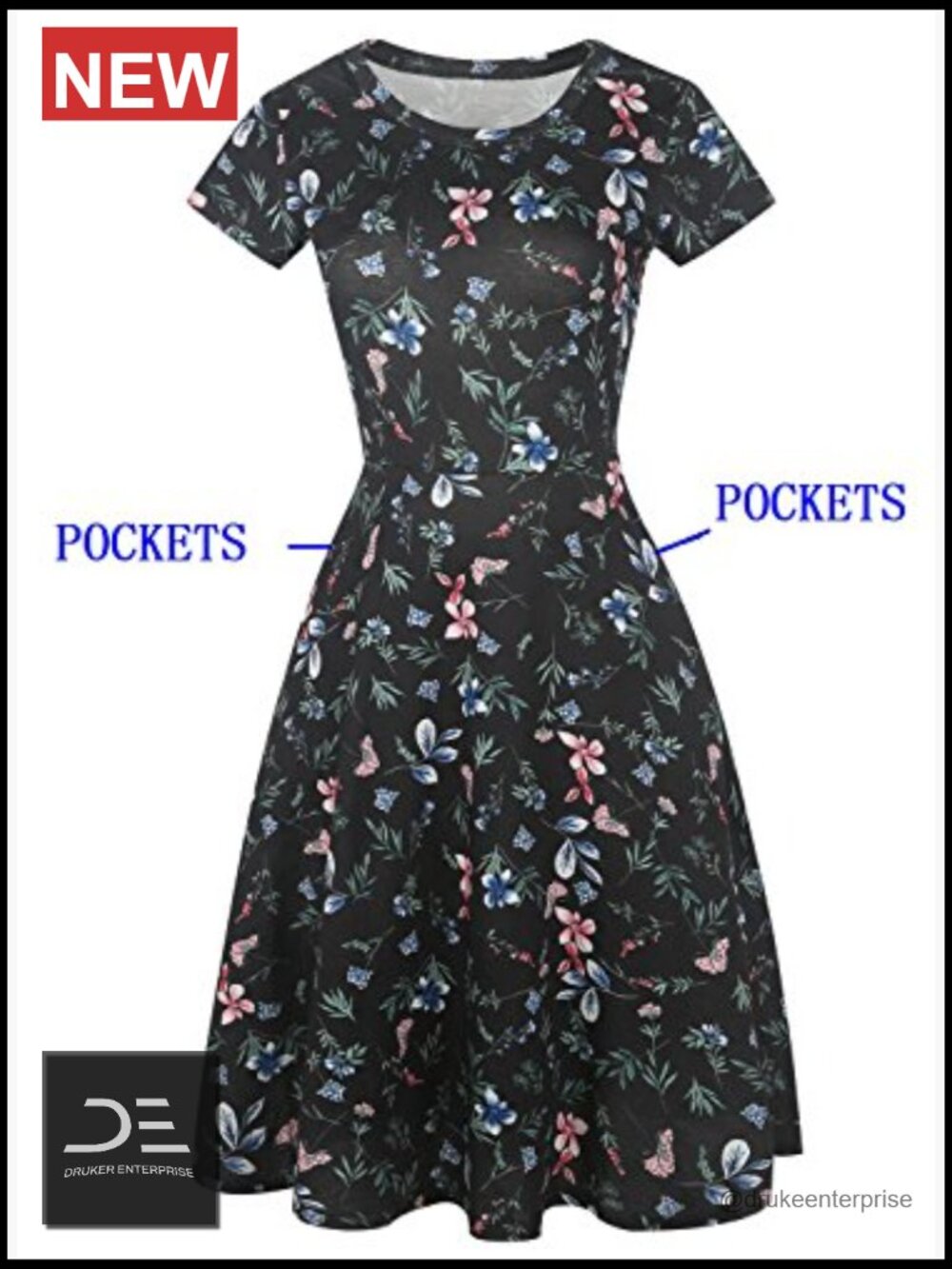 Vintage Floral A-Line Swing Dress with Pockets Knee Length Short Sleeve - Picture 6 of 7